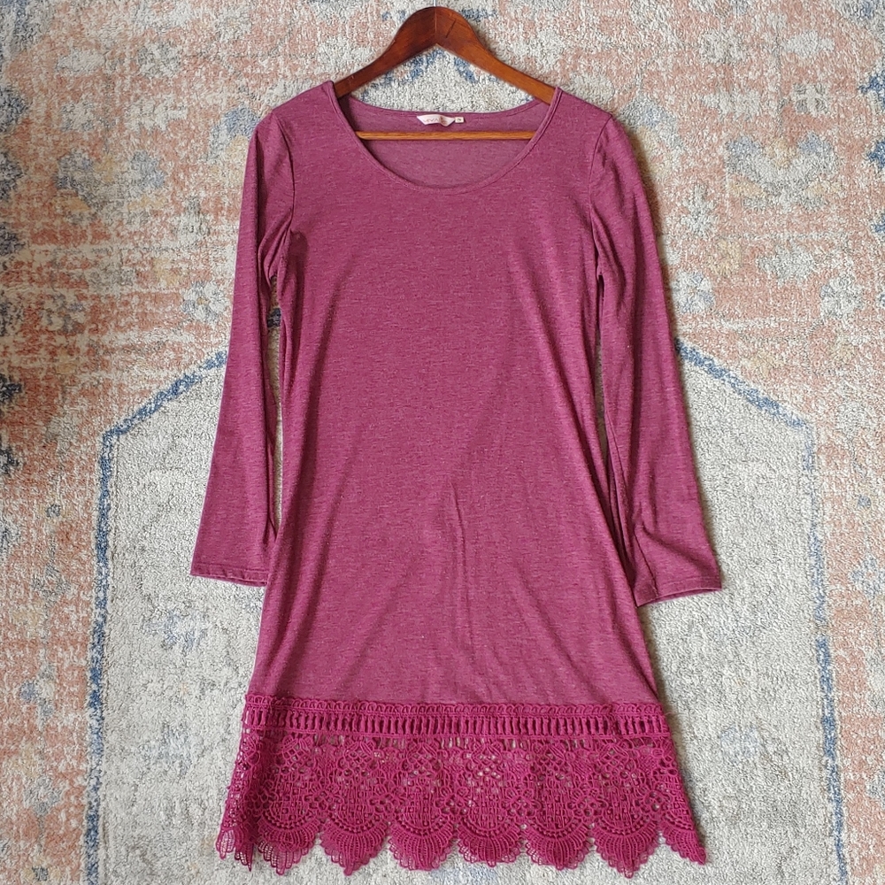 MIYANG | Crochet Hem Raspberry Long-sleeved Dress